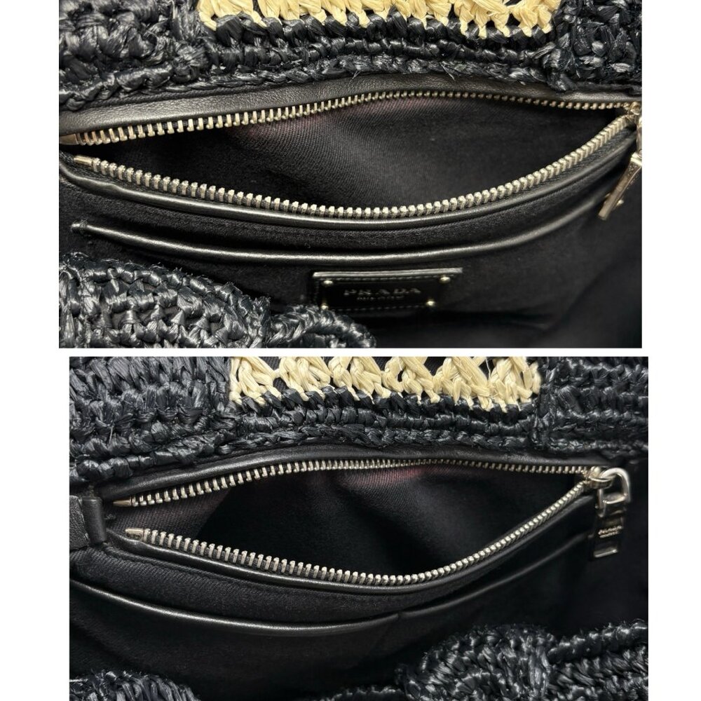 PRADA Vintage Triangle Logo Canapa Tote Bag Handbag Black Beige Raffia [106401] - Picture 12 of 15
